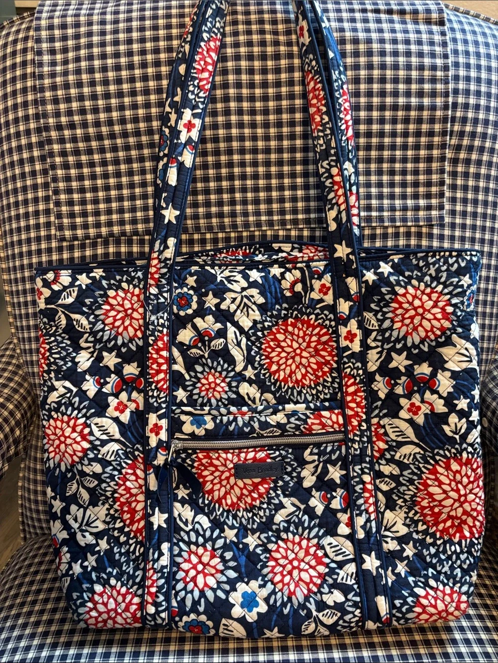 Vera Bradley large Navy, Red and White Quilted Floral Tote, retired